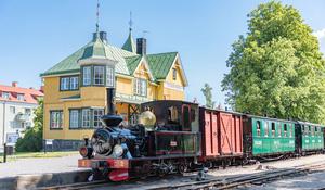 Mariefreds stationshus, en solig dag, med ånglok och vagnar